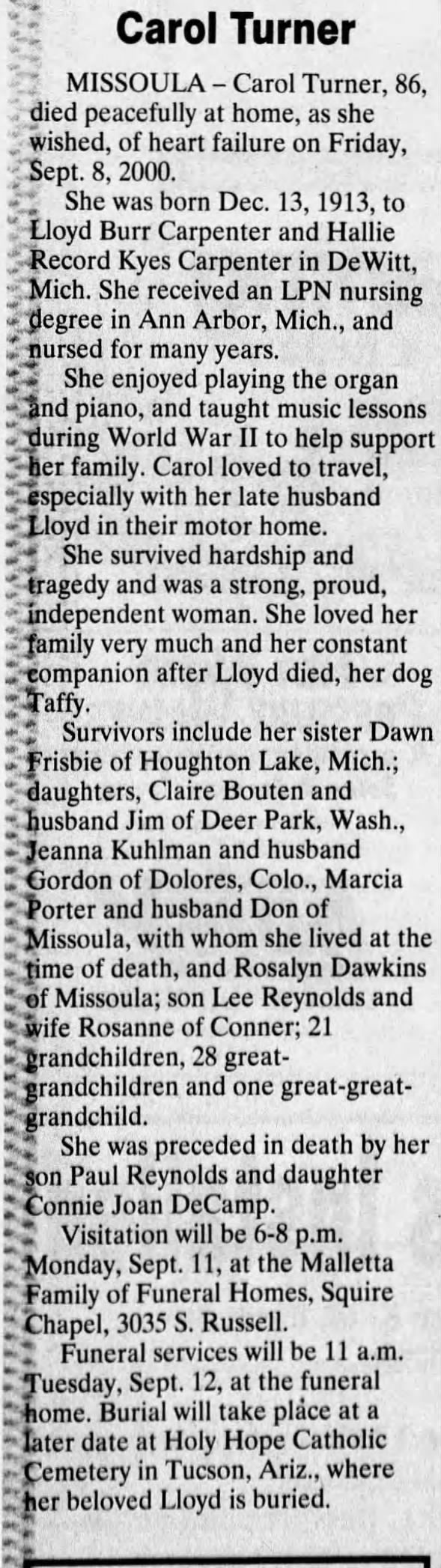 Obituary for Carol Turner, 1913-2000 (Aged 86)